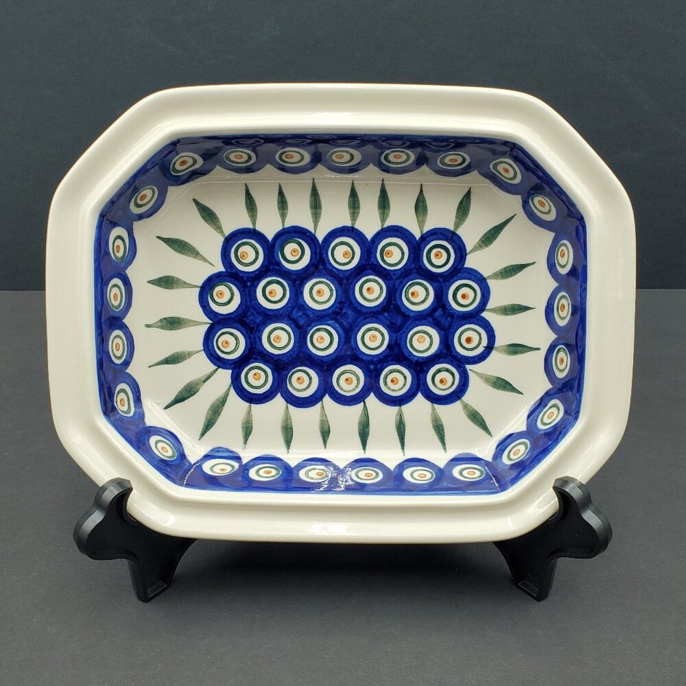 Polish Pottery Peacock Leaves 10" Baker Rectangular Octagonal BakingServing Dish